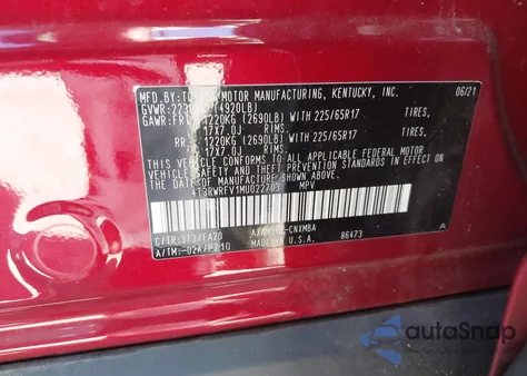 2021 Toyota Rav4 Hybrid Xle из США, поврежденный, VIN 4T3RWRFV1MU022703